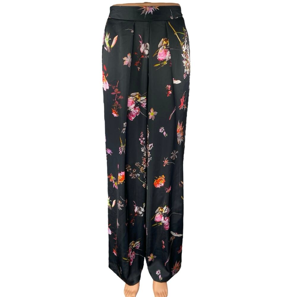 Victoria's Secret Black Silky Satin Floral Pleated Wide Leg Trousers Pants Sz XS